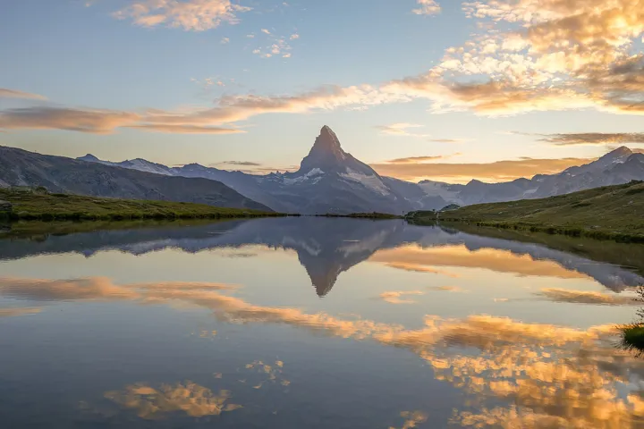 043 Matterhorn reflecting in Stellisee at sunset Photo by Giles Laurent